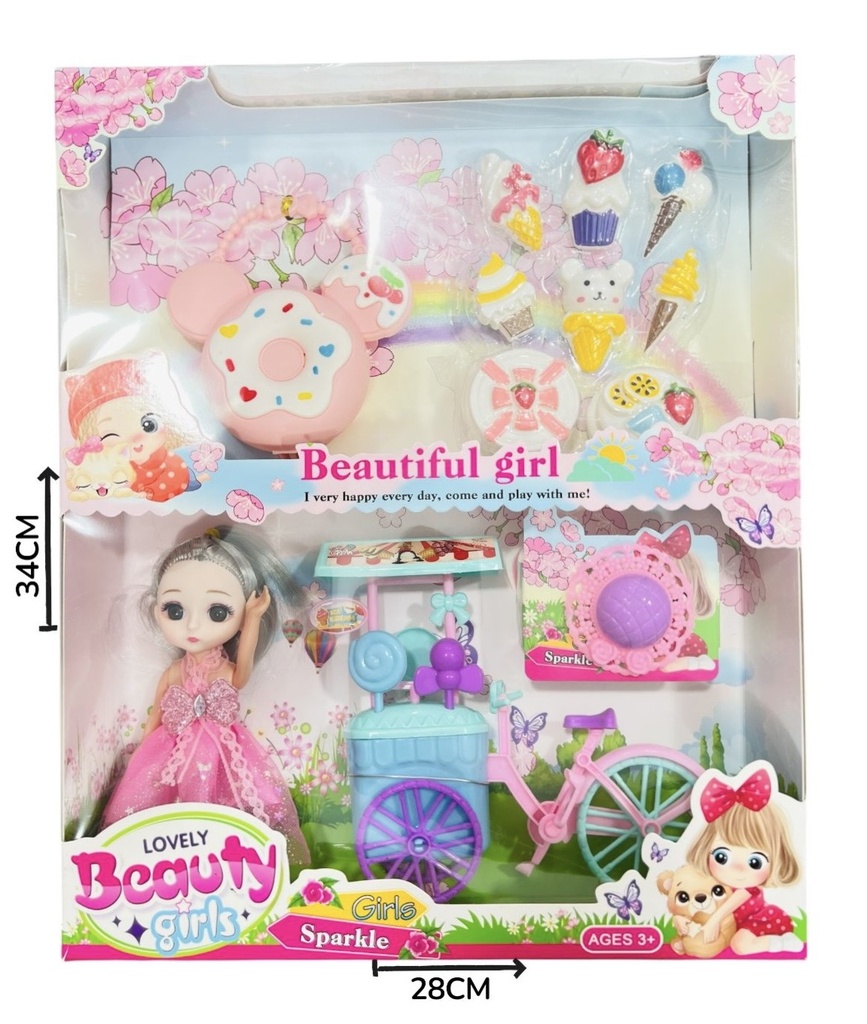 Muñeca Con Carrito Bicicleta Y Accesorios En Caja