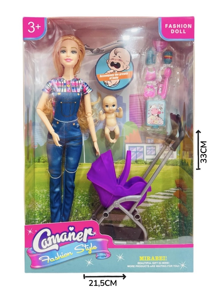 Muñeca Con Bebe Y Carrito En Caja